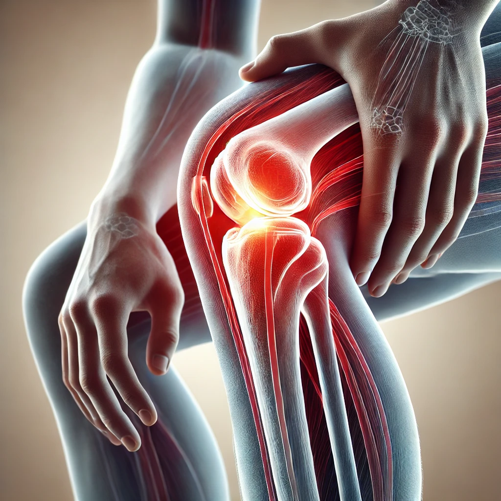 DALL·E 2025-03-06 12.16.09 - A detailed medical illustration showing knee pain. The image highlights the knee joint with a red glow effect to indicate discomfort and inflammation